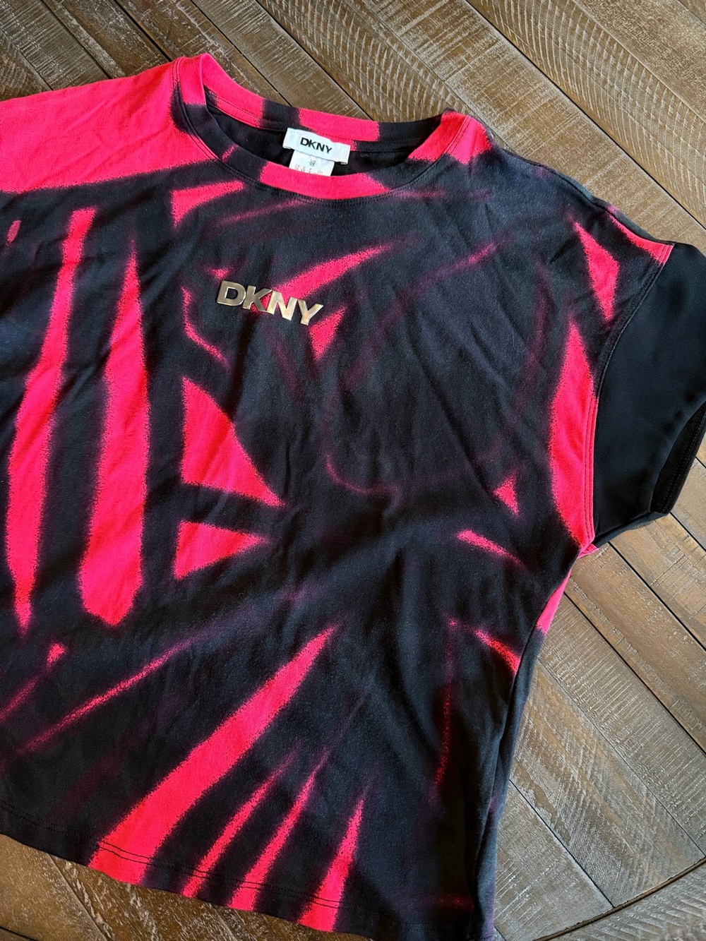 DKNY Black and Hot Pink Tie-Dye Logo Tee